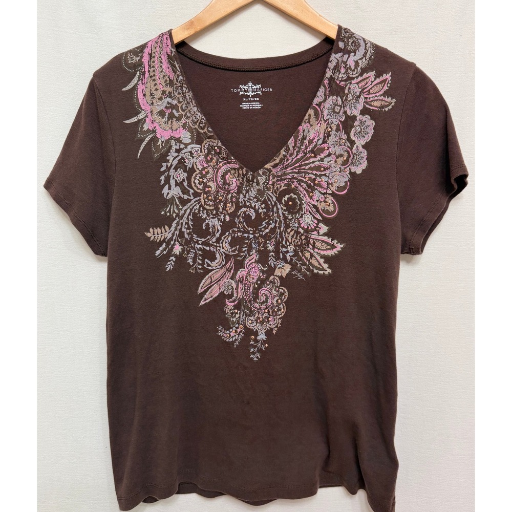 Tommy Hilfiger Womens T-Shirt Brown Paisley Floral Graphic V-Neck Cotton Boho XL
